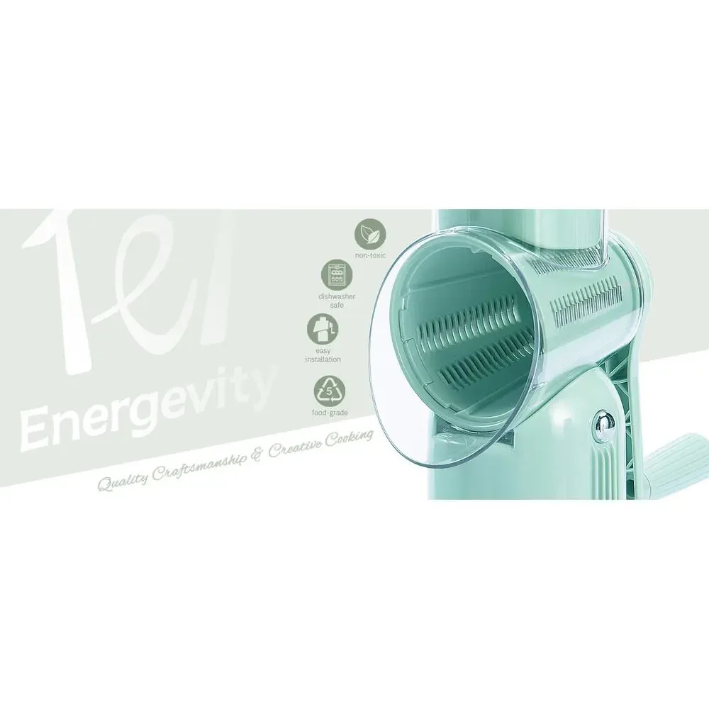 Manual Rotary Cheese Grater 5-in-1 with Suction Base Vegetable Slicer Green